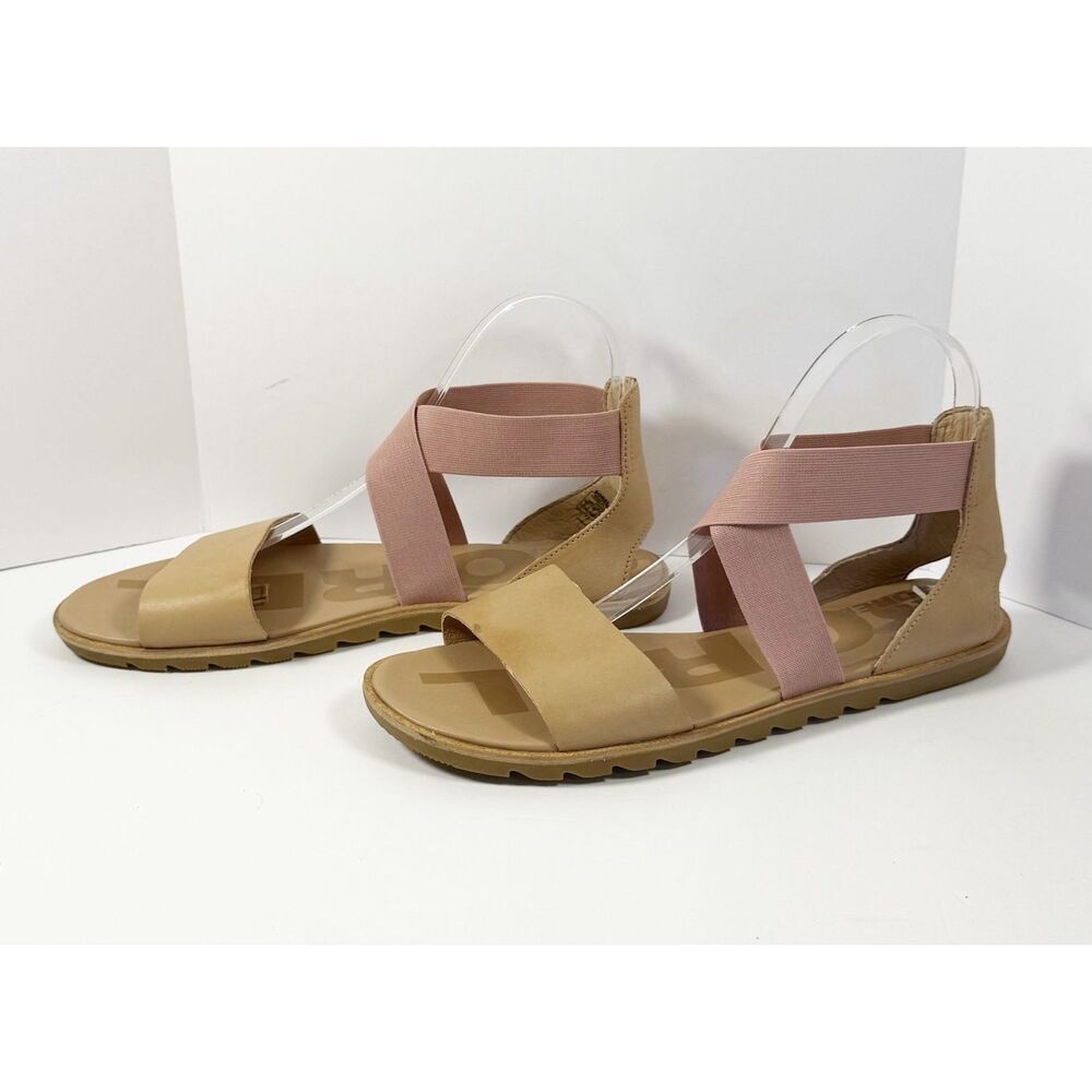 Sorel Sandals 9 Ella Leather Casual Flats Strappy Stretch Elastic Pink Tan Boho